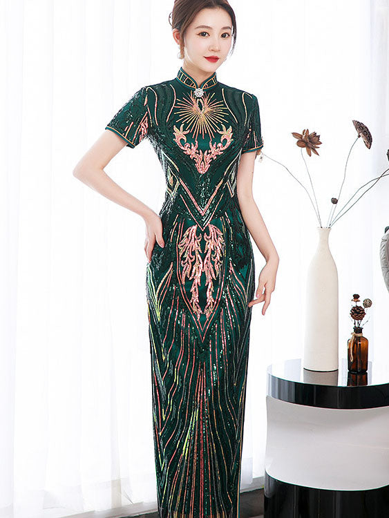 Green Sequined Velvet Full Qi Pao Cheongsam Dress