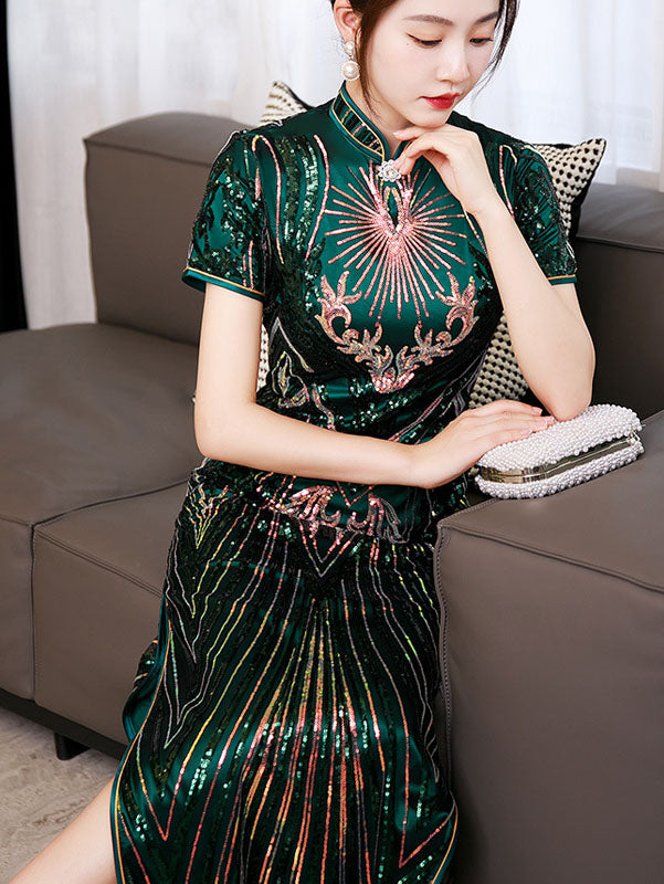 Green Sequined Velvet Full Qi Pao Cheongsam Dress