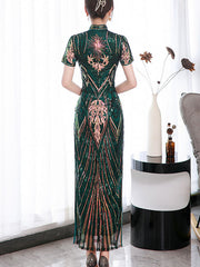 Green Sequined Velvet Full Qi Pao Cheongsam Dress