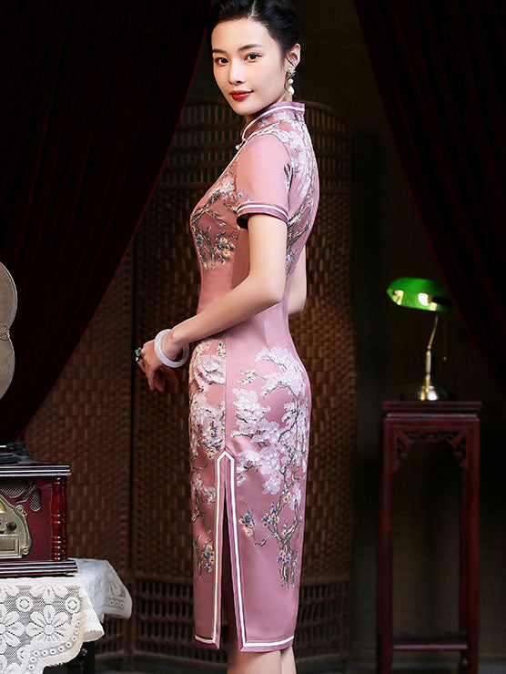 Pink Floral Mid Modern Qi Pao Cheongsam Dress