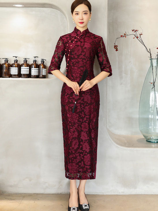 Blue Red Floral Velvet Full Cheongsam Qi Pao Dress
