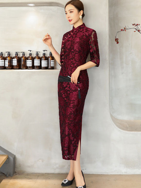 Blue Red Floral Velvet Full Cheongsam Qi Pao Dress