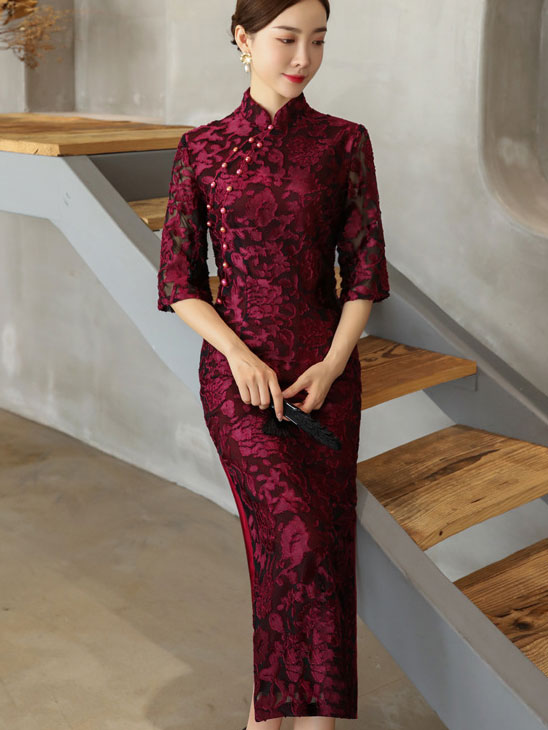 Blue Red Floral Velvet Full Cheongsam Qi Pao Dress