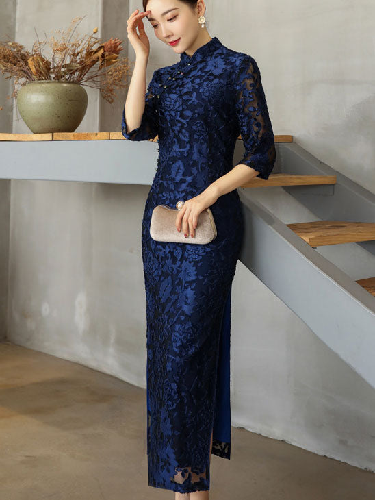 Blue Red Floral Velvet Full Cheongsam Qi Pao Dress