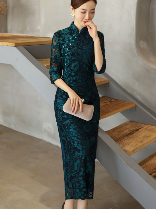 Blue Red Floral Velvet Full Cheongsam Qi Pao Dress