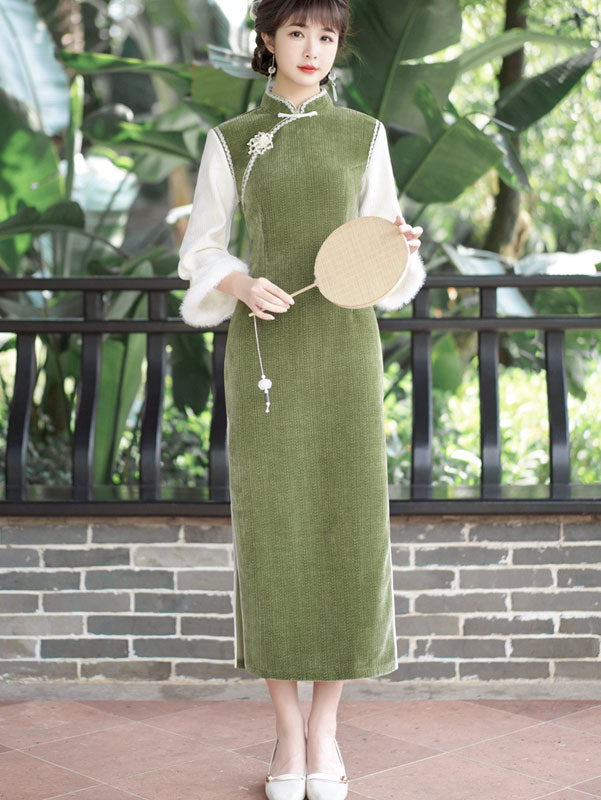 Green Chenille Winter QiPao Cheongsam Dress