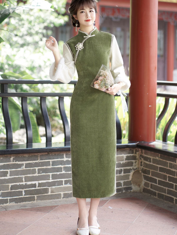 Green Chenille Winter QiPao Cheongsam Dress