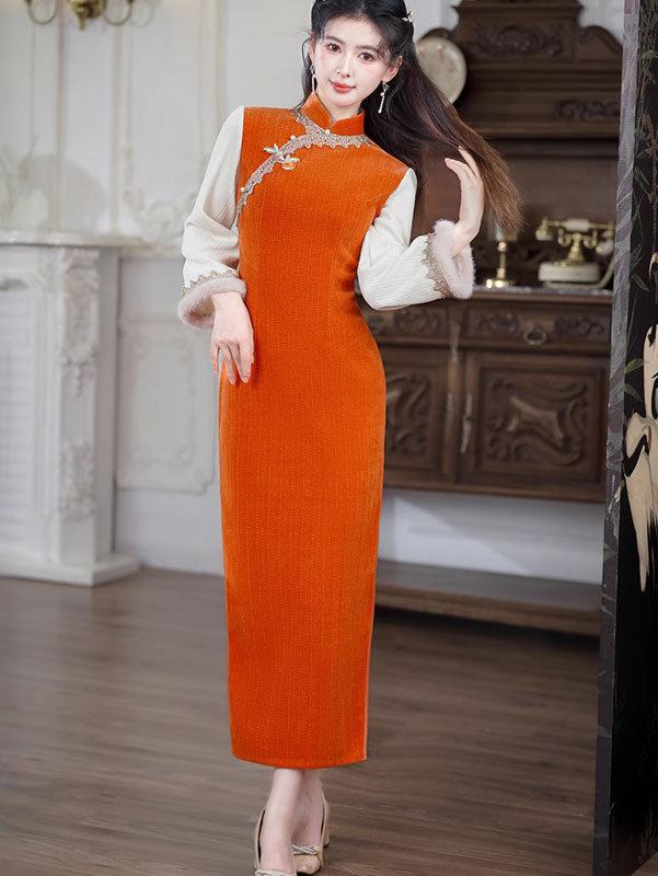 Green Chenille Winter QiPao Cheongsam Dress