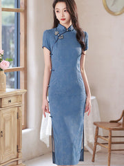 2023 Blue Floral Mid Cheongsam Qipao Dress