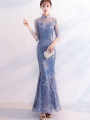 Burgundy Blue Lace Fishtail Wedding Qipao Cheongsam Dress