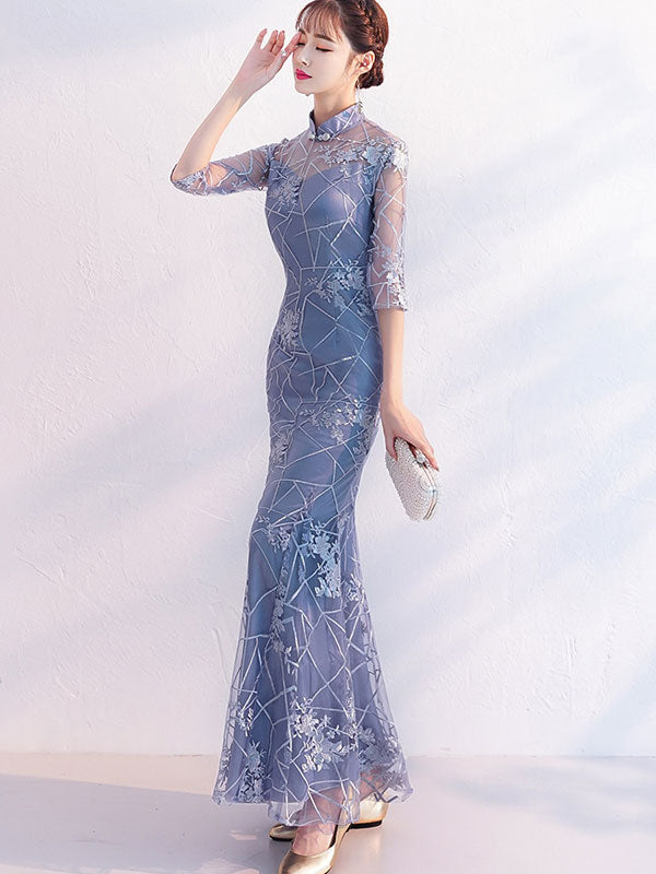 Burgundy Blue Lace Fishtail Wedding Qipao Cheongsam Dress