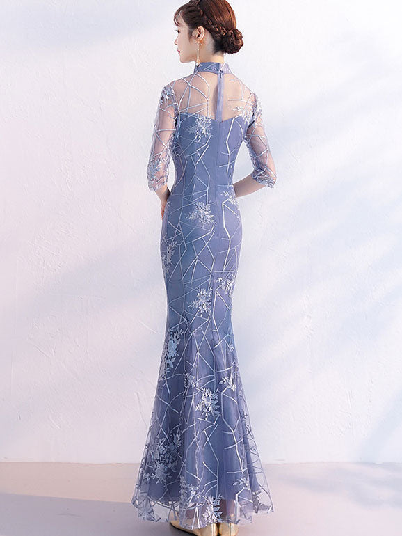 Burgundy Blue Lace Fishtail Wedding Qipao Cheongsam Dress