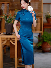 Red Blue Floral Mothers Maxi Qipao Cheongsam Dress