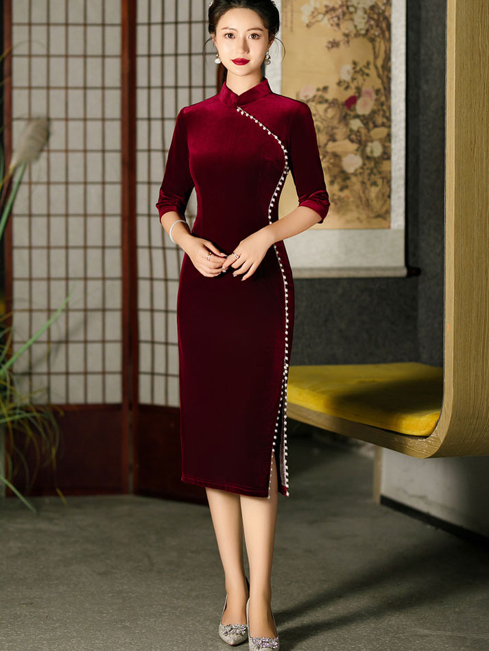 Red Black Beads Mothers Midi Velvet Cheongsam Qipao Dress