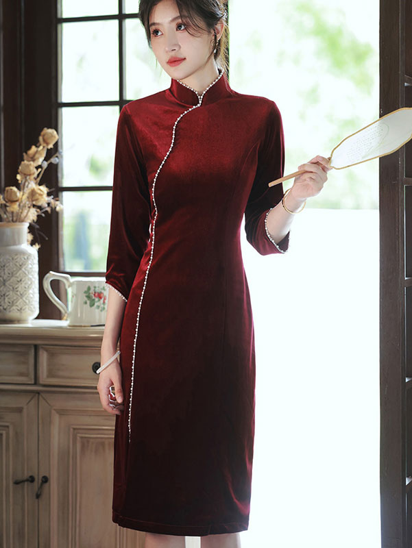 Red Beads Mothers Velvet Cheongsam Qipao Dress