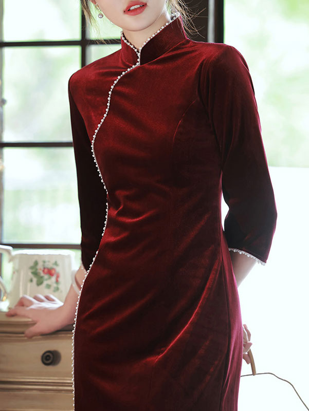 Red Beads Mothers Velvet Cheongsam Qipao Dress