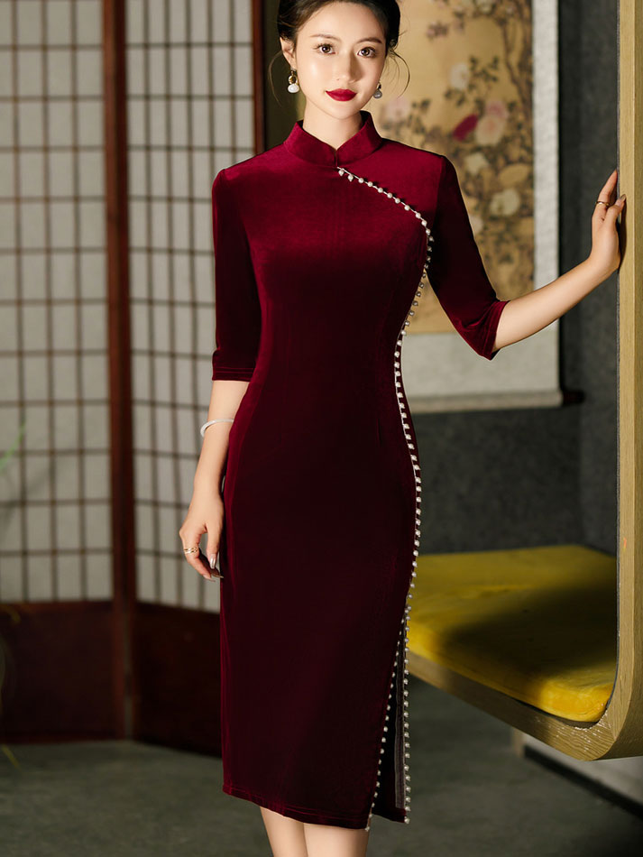 Red Black Beads Mothers Midi Velvet Cheongsam Qipao Dress