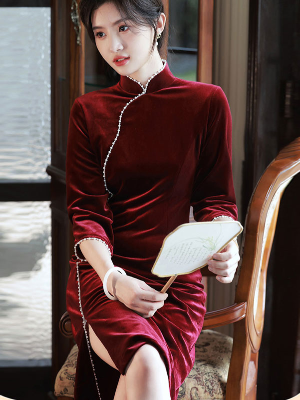 Red Beads Mothers Velvet Cheongsam Qipao Dress