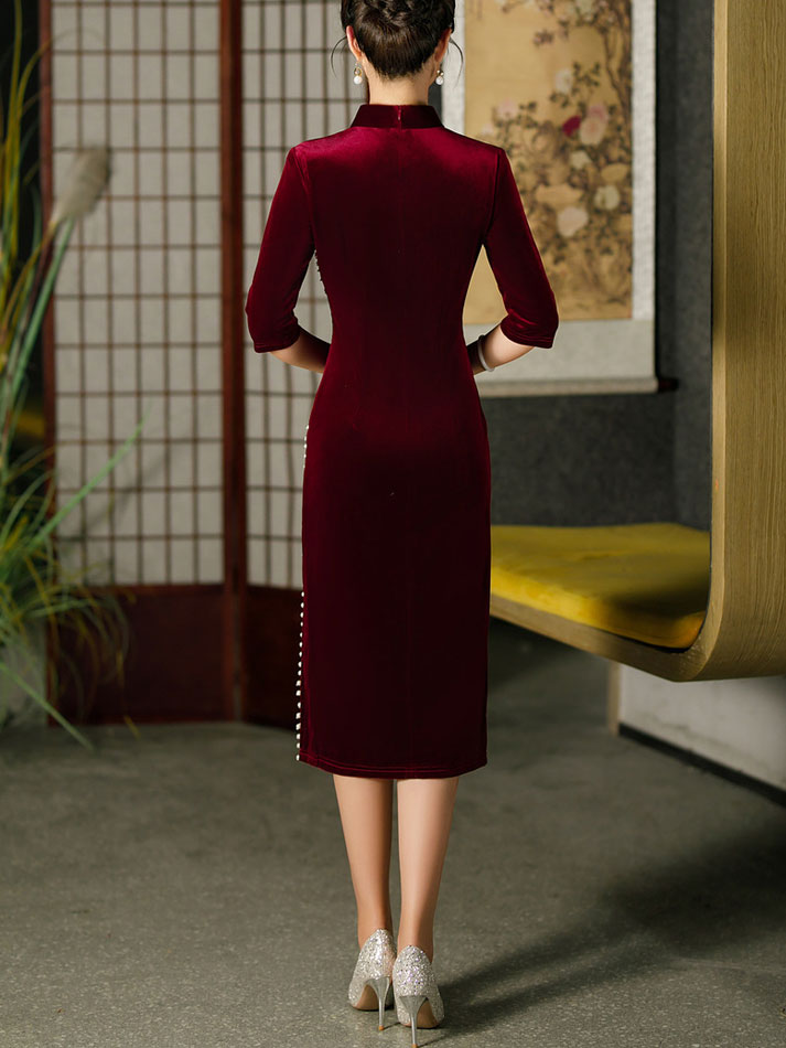 Red Black Beads Mothers Midi Velvet Cheongsam Qipao Dress