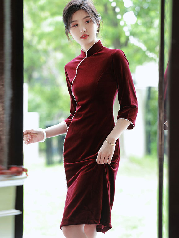 Red Beads Mothers Velvet Cheongsam Qipao Dress