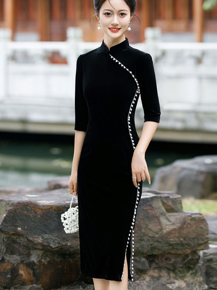 Red Black Beads Mothers Midi Velvet Cheongsam Qipao Dress