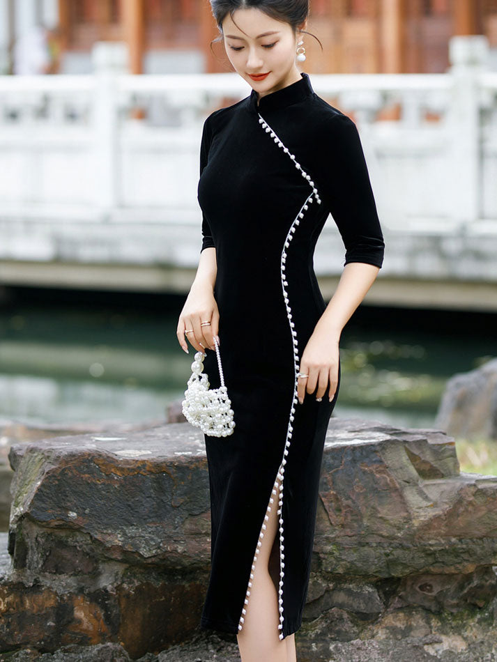 Red Black Beads Mothers Midi Velvet Cheongsam Qipao Dress