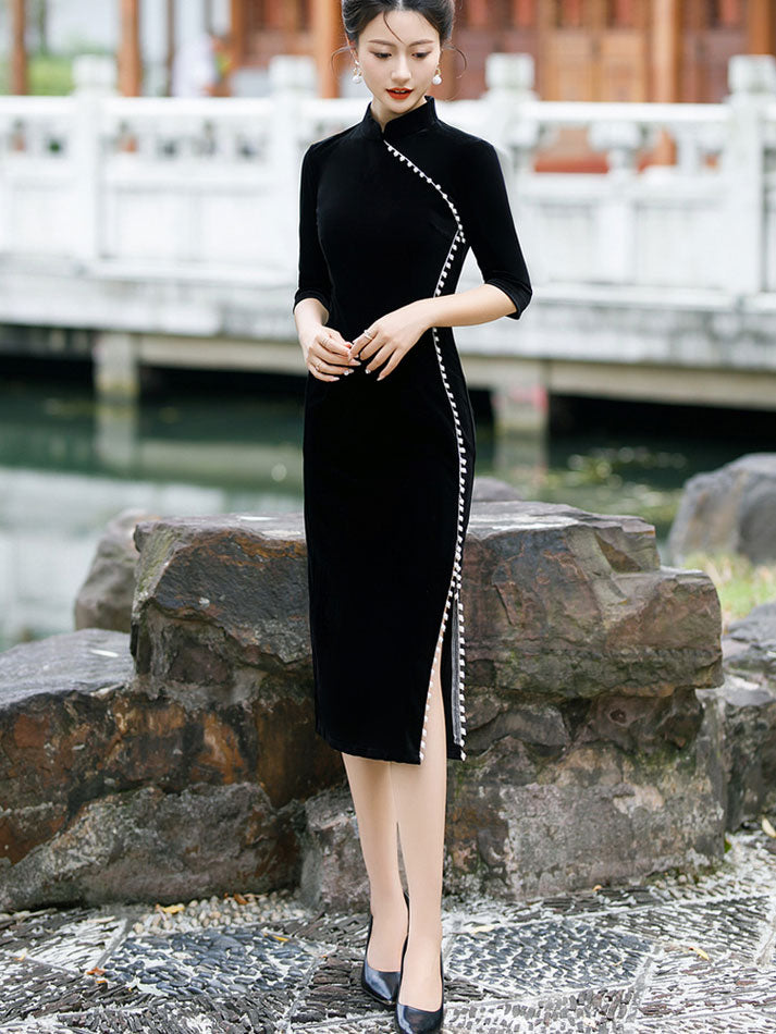 Red Black Beads Mothers Midi Velvet Cheongsam Qipao Dress