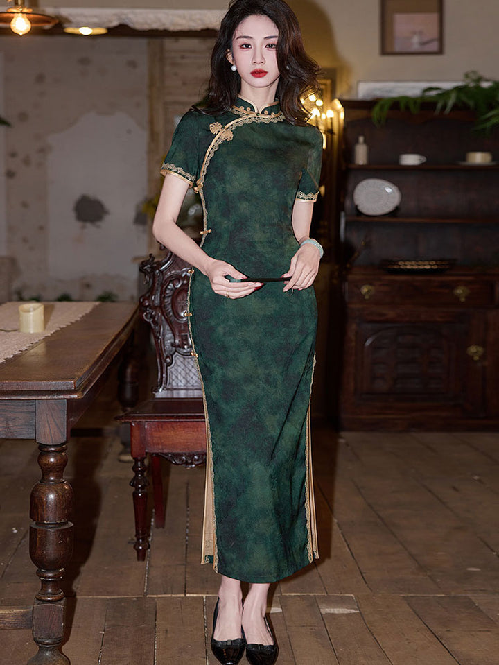 Green Jacquard Modern Midi Cheongsam Qipao Dress