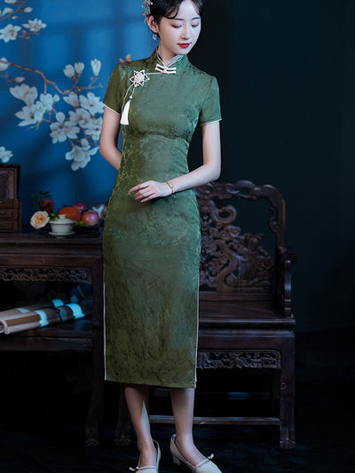 Green Jacquard Modern Midi Cheongsam Qipao Dress