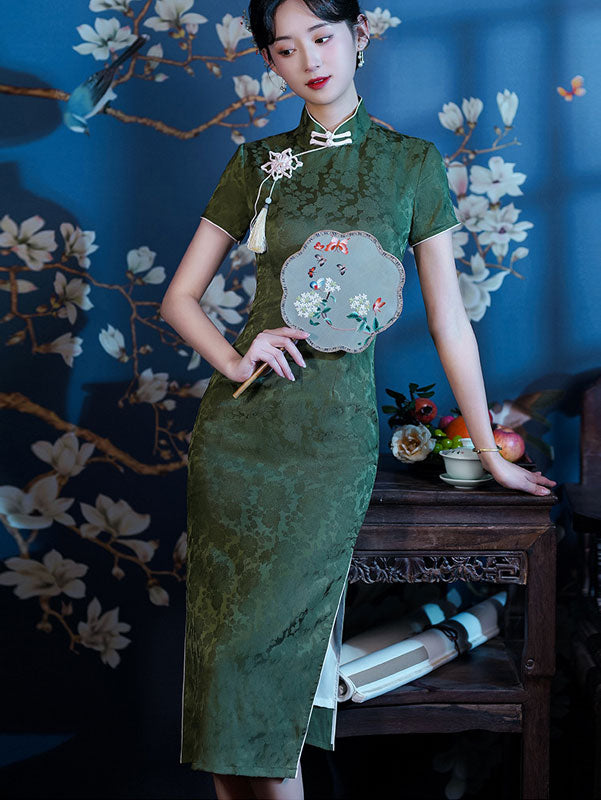 Green Jacquard Modern Midi Cheongsam Qipao Dress