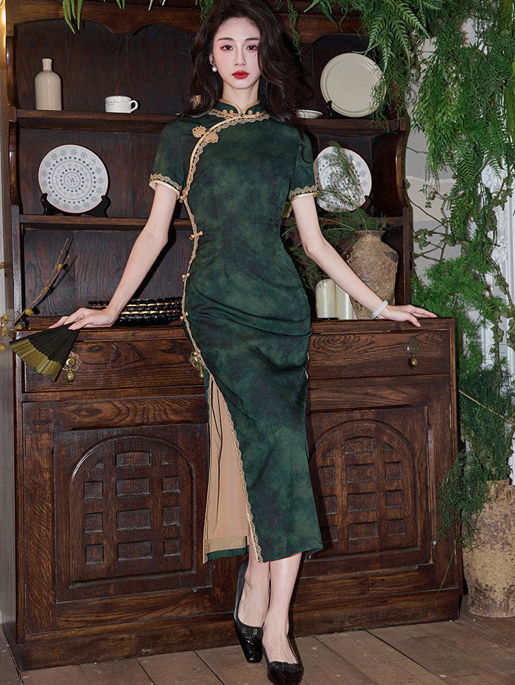 Green Jacquard Modern Midi Cheongsam Qipao Dress