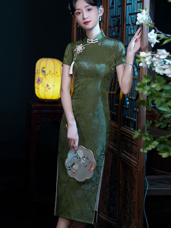 Green Jacquard Modern Midi Cheongsam Qipao Dress