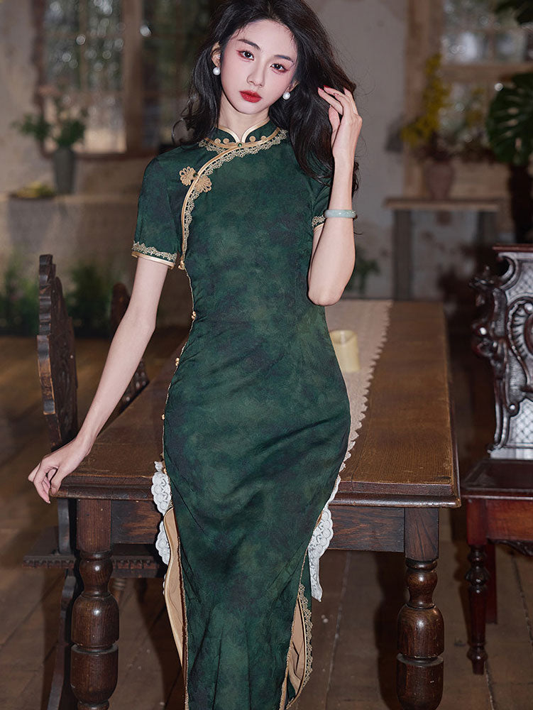 Green Jacquard Modern Midi Cheongsam Qipao Dress