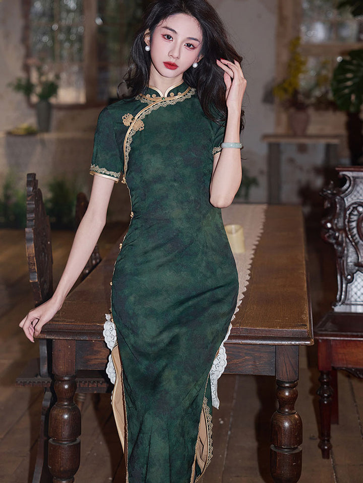 Green Jacquard Modern Midi Cheongsam Qipao Dress
