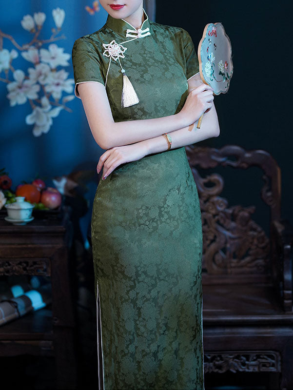 Green Jacquard Modern Midi Cheongsam Qipao Dress