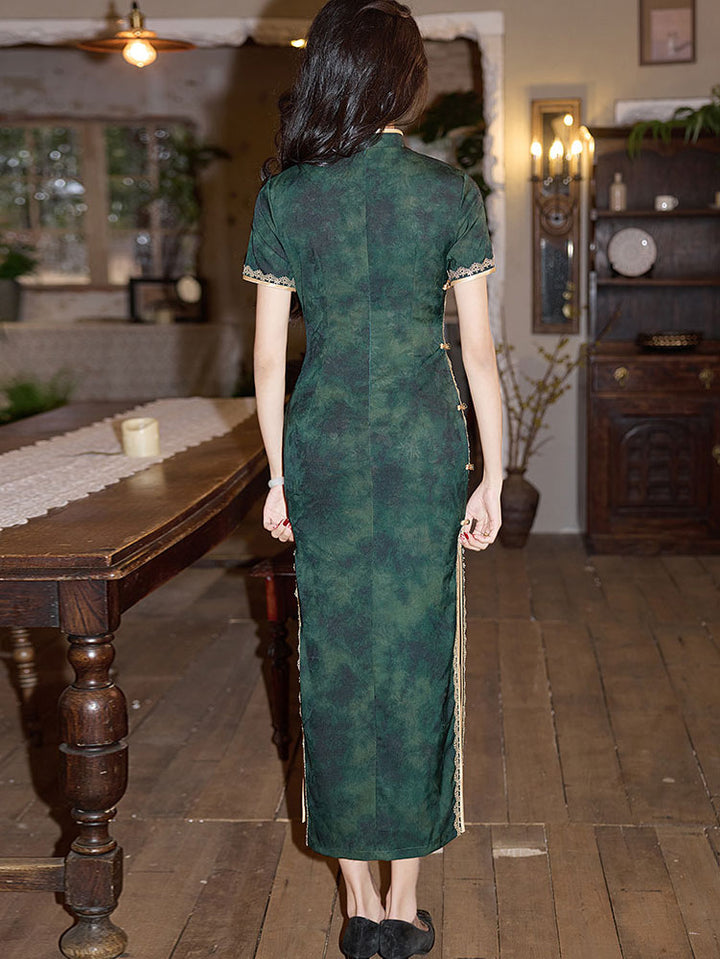 Green Jacquard Modern Midi Cheongsam Qipao Dress