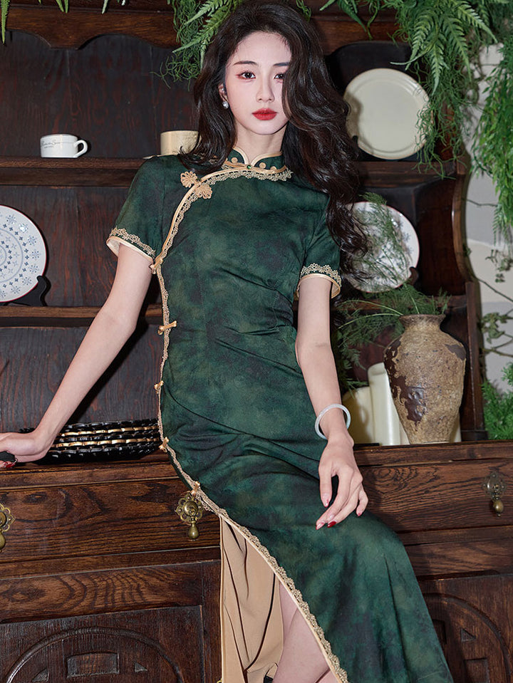 Green Jacquard Modern Midi Cheongsam Qipao Dress