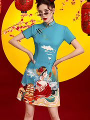 Blue Peking Opera Print Qipao Cheongsam Dress