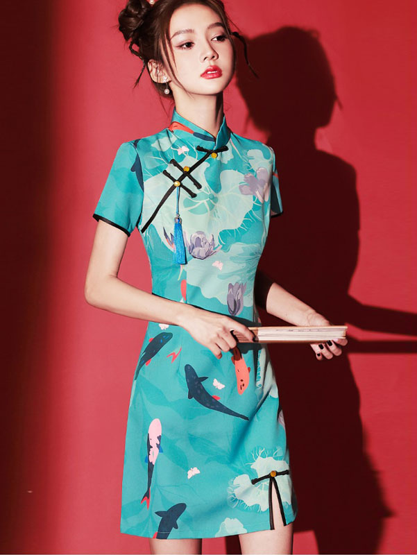 Blue Chinese Painting Print Cheongsam Qipao Dress