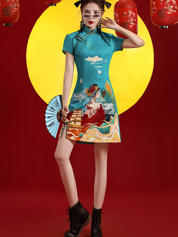 Blue Peking Opera Print Qipao Cheongsam Dress