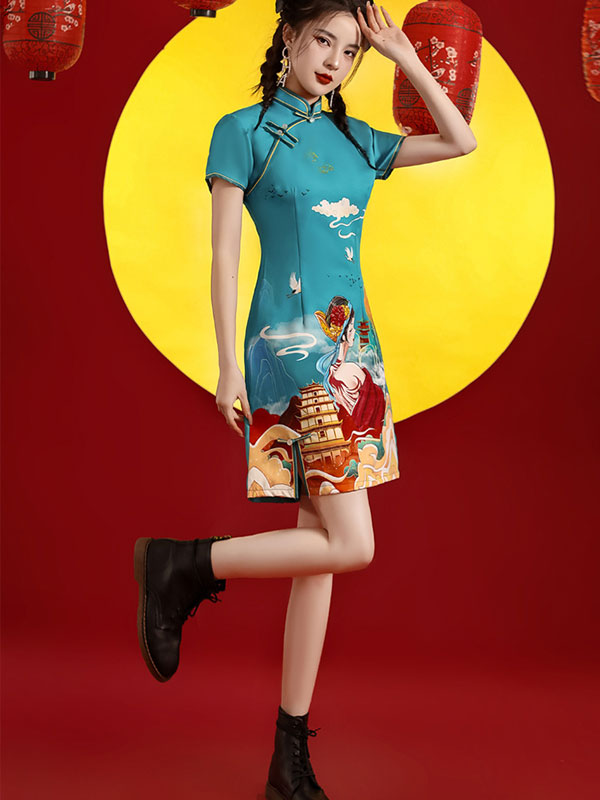 Blue Peking Opera Print Qipao Cheongsam Dress
