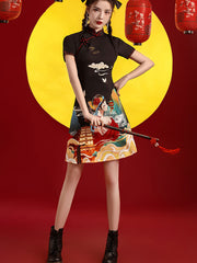 Blue Black Peking Opera Print Qipao Cheongsam Dress