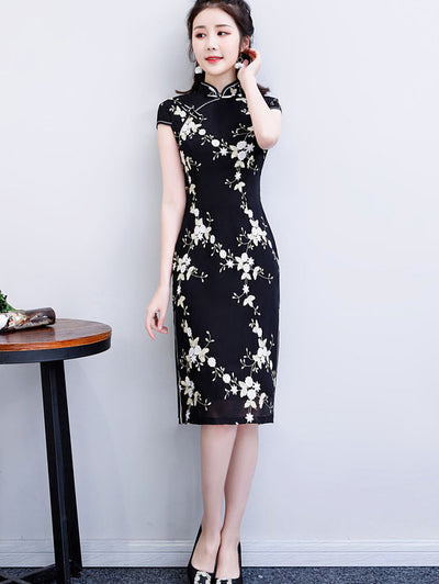 2023 Black Embroidered Floral Tea Cheongsam Qipao Dress