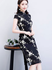 2023 Black Embroidered Floral Tea Cheongsam Qipao Dress
