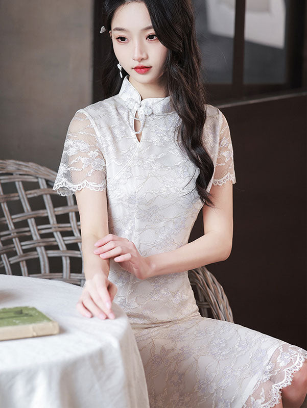 Light Purple Lace Midi Cheongsam Qipao Dress