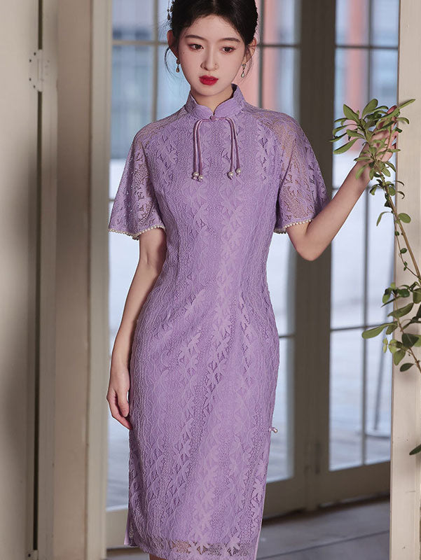 Red Purple Lace Midi Cheongsam Qipao Dress