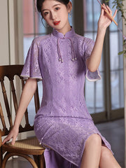 Red Purple Lace Midi Cheongsam Qipao Dress