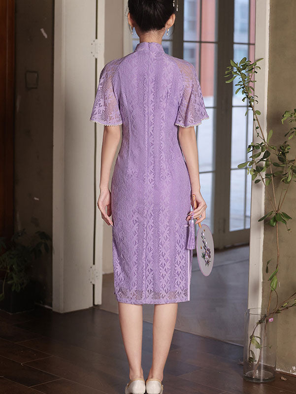 Red Purple Lace Midi Cheongsam Qipao Dress