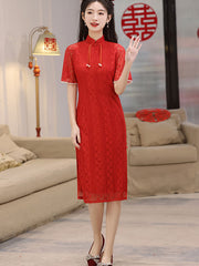 Red Purple Lace Midi Cheongsam Qipao Dress