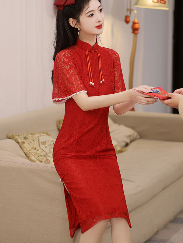 Red Purple Lace Midi Cheongsam Qipao Dress